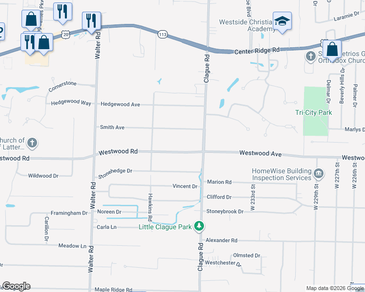 map of restaurants, bars, coffee shops, grocery stores, and more near 23865 Westwood Road in Westlake