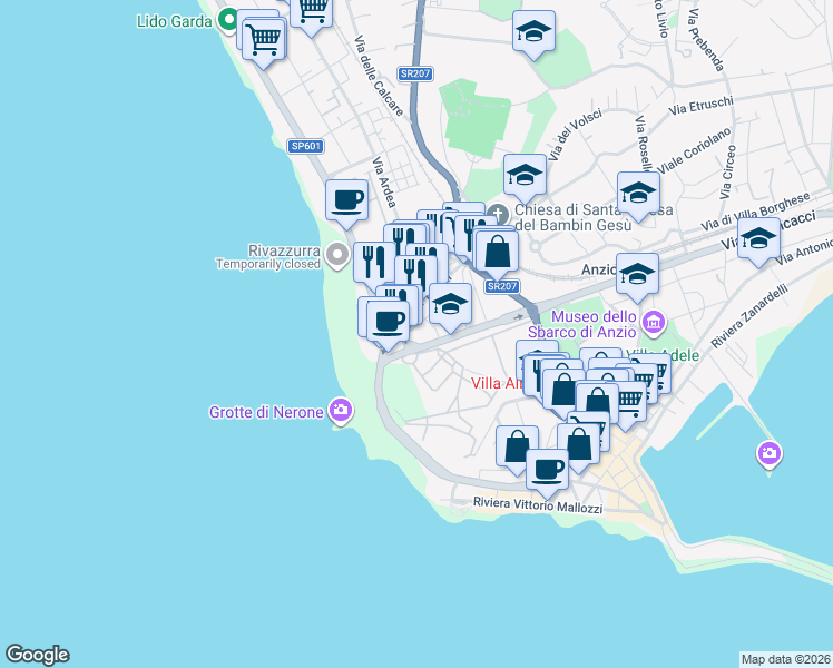 map of restaurants, bars, coffee shops, grocery stores, and more near 1B Viale Severiano in Anzio