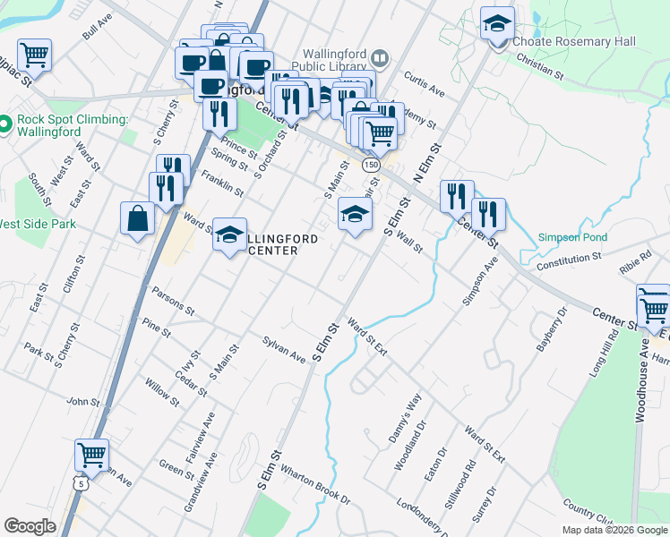 map of restaurants, bars, coffee shops, grocery stores, and more near 398 Ward Street in Wallingford