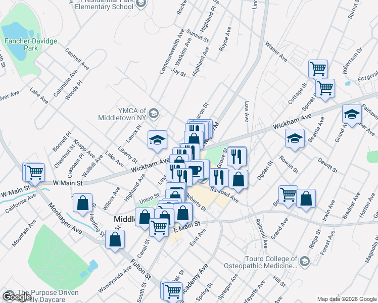 map of restaurants, bars, coffee shops, grocery stores, and more near 136 North Street in Middletown