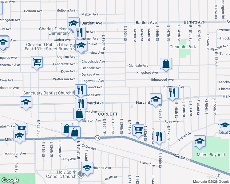 map of restaurants, bars, coffee shops, grocery stores, and more near 13705 Crennell Avenue in Cleveland