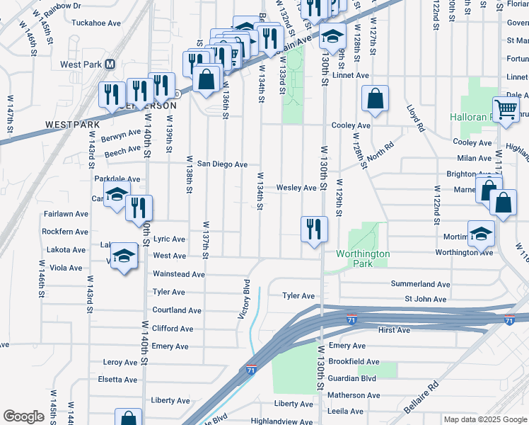 map of restaurants, bars, coffee shops, grocery stores, and more near 3823 West 134th Street in Cleveland