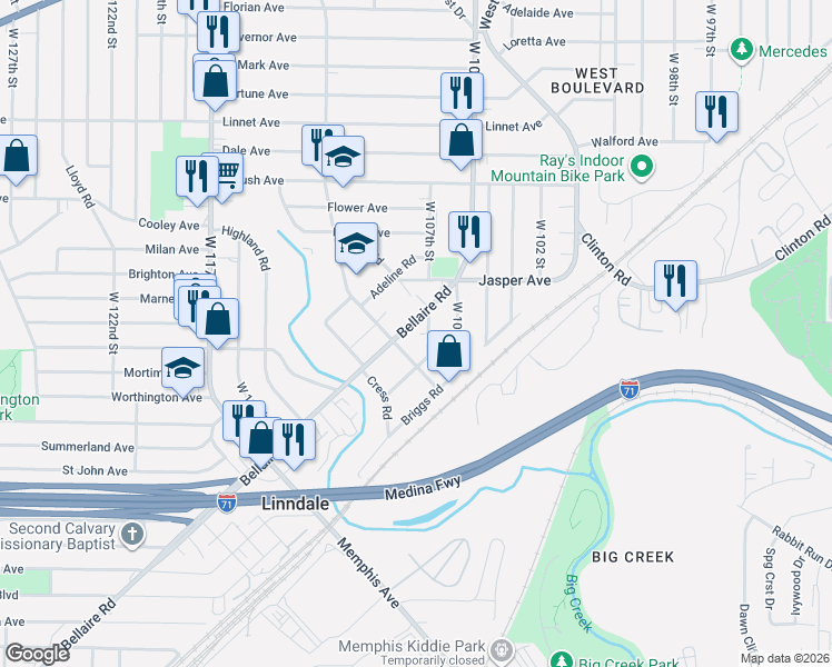 map of restaurants, bars, coffee shops, grocery stores, and more near 3769 West 107th Street in Cleveland
