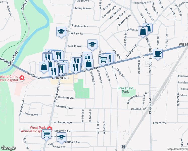 map of restaurants, bars, coffee shops, grocery stores, and more near 16205 Lorain Avenue in Cleveland