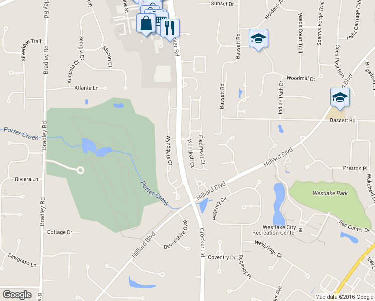 map of restaurants, bars, coffee shops, grocery stores, and more near 2585 Woodruff Court in Westlake
