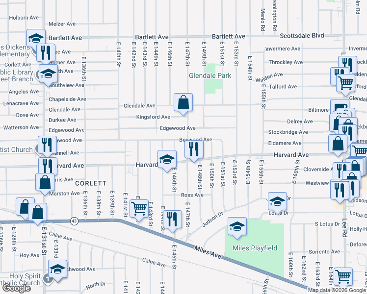 map of restaurants, bars, coffee shops, grocery stores, and more near 3980 East 147th Street in Cleveland