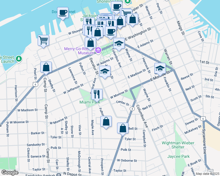 map of restaurants, bars, coffee shops, grocery stores, and more near 314 West Madison Street in Sandusky