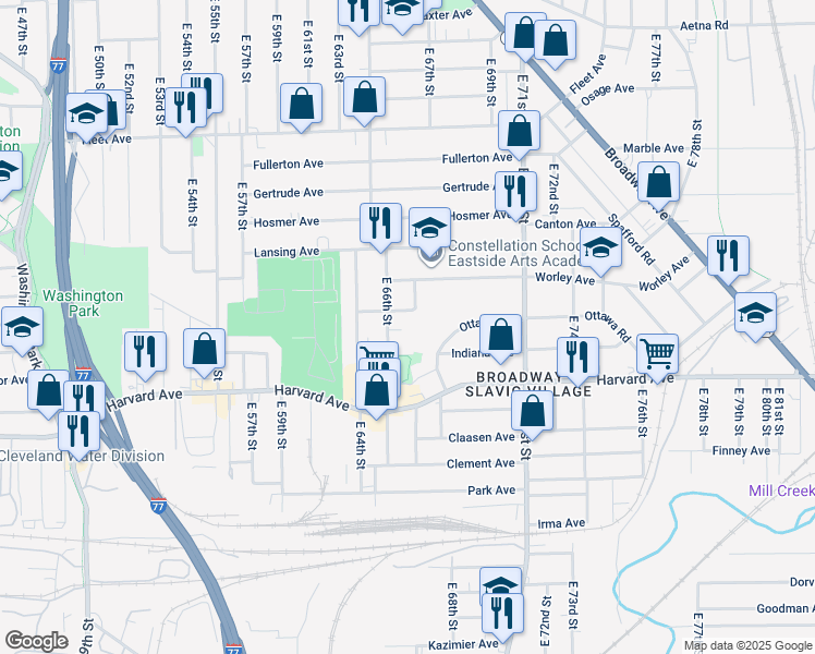 map of restaurants, bars, coffee shops, grocery stores, and more near 3942 East 67th Street in Cleveland