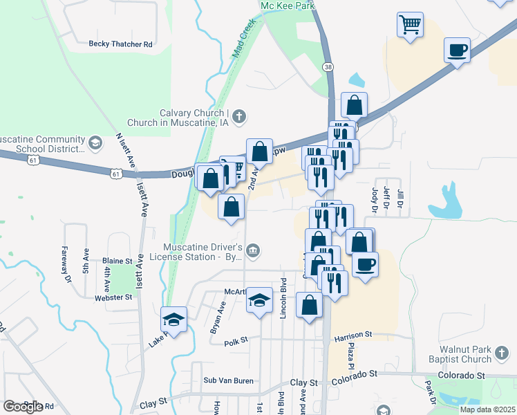map of restaurants, bars, coffee shops, grocery stores, and more near 104 Cleveland Street in Muscatine