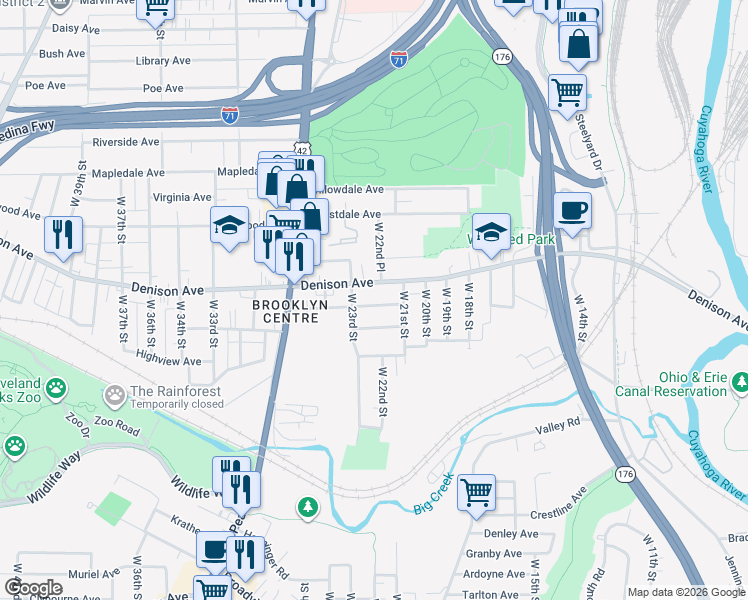 map of restaurants, bars, coffee shops, grocery stores, and more near 2114 Denison Avenue in Cleveland