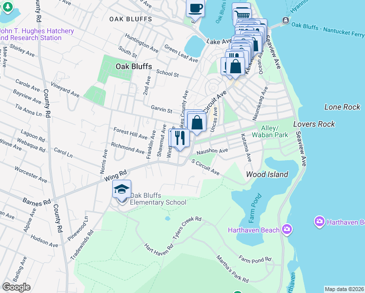 map of restaurants, bars, coffee shops, grocery stores, and more near 5 Warwick Avenue in Oak Bluffs