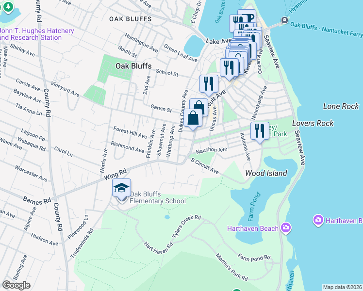 map of restaurants, bars, coffee shops, grocery stores, and more near 5 Warwick Avenue in Oak Bluffs