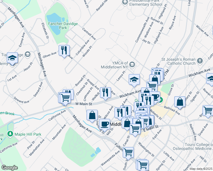 map of restaurants, bars, coffee shops, grocery stores, and more near 41 Liberty Street in Middletown