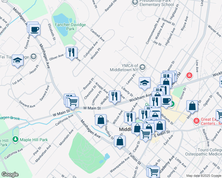 map of restaurants, bars, coffee shops, grocery stores, and more near 41 Liberty Street in Middletown