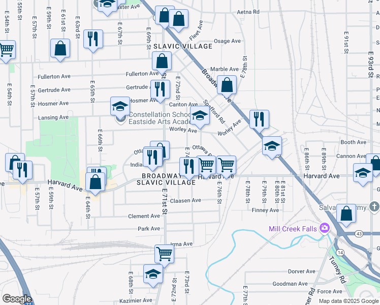map of restaurants, bars, coffee shops, grocery stores, and more near 7427 Ottawa Road in Cleveland