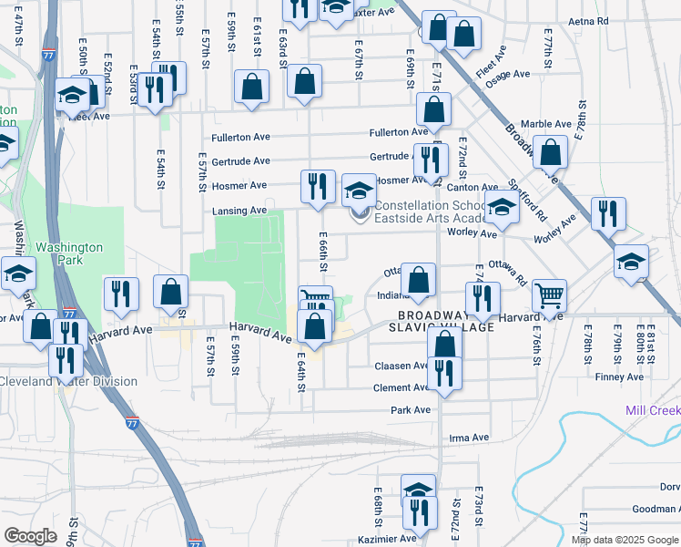 map of restaurants, bars, coffee shops, grocery stores, and more near 3942 East 67th Street in Cleveland