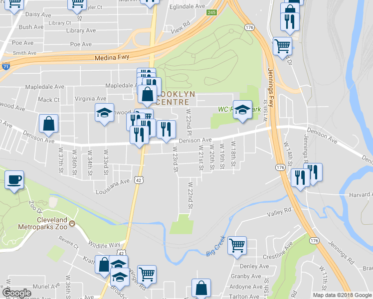 map of restaurants, bars, coffee shops, grocery stores, and more near 2114 Denison Avenue in Cleveland