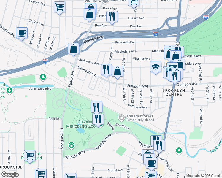map of restaurants, bars, coffee shops, grocery stores, and more near 3901 Denison Avenue in Cleveland
