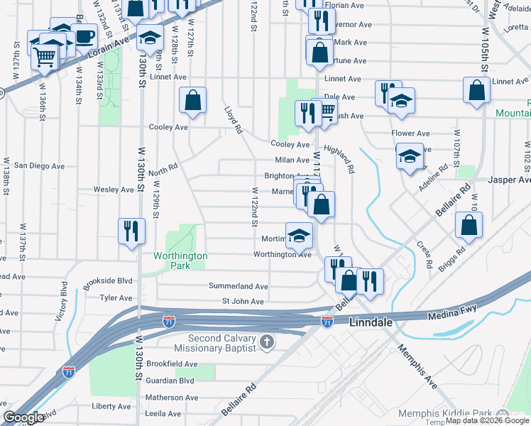 map of restaurants, bars, coffee shops, grocery stores, and more near 12109 Marne Avenue in Cleveland
