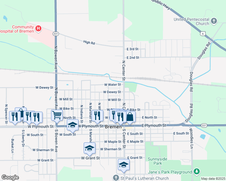 map of restaurants, bars, coffee shops, grocery stores, and more near 165-299 West Water Street in Bremen