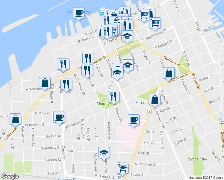 map of restaurants, bars, coffee shops, grocery stores, and more near 532 Central Avenue in Sandusky