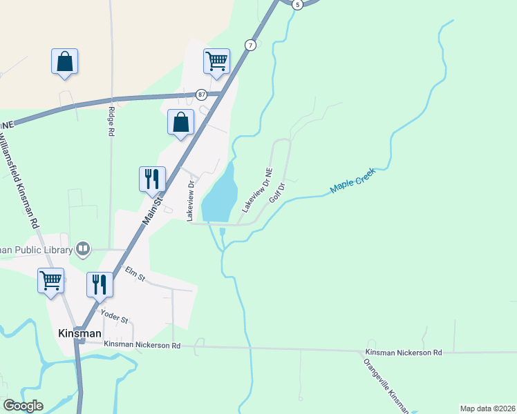 map of restaurants, bars, coffee shops, grocery stores, and more near 6799 Township Highway 528 in Kinsman