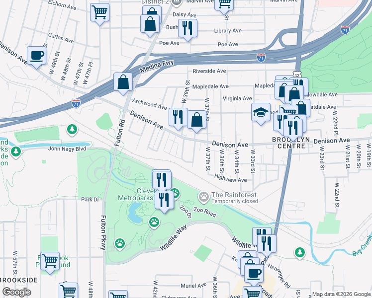 map of restaurants, bars, coffee shops, grocery stores, and more near 3901 Denison Avenue in Cleveland