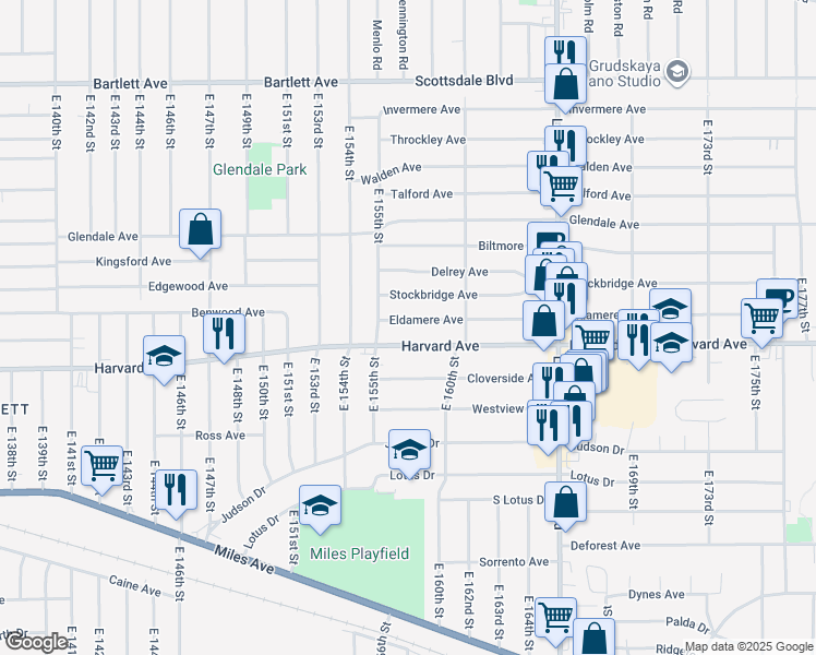 map of restaurants, bars, coffee shops, grocery stores, and more near 15510 Stockbridge Avenue in Cleveland