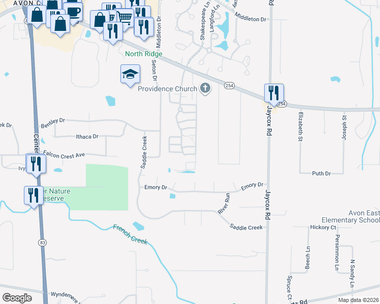 map of restaurants, bars, coffee shops, grocery stores, and more near 2813 Shakespeare Lane in Avon