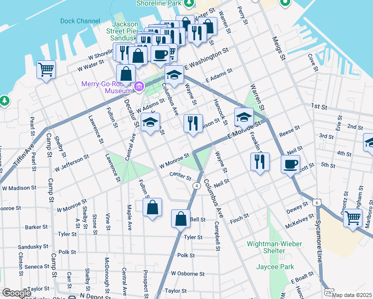 map of restaurants, bars, coffee shops, grocery stores, and more near 629 Columbus Avenue in Sandusky
