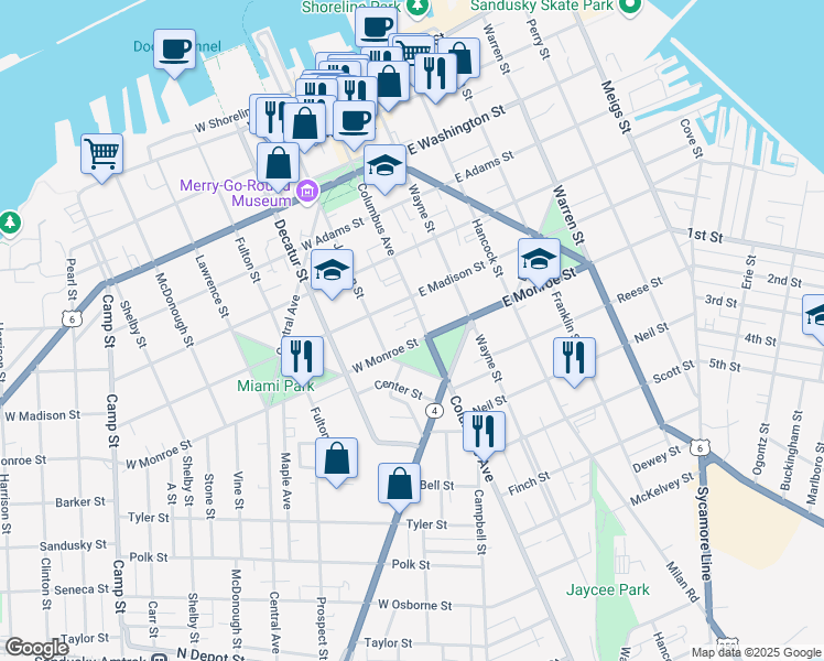 map of restaurants, bars, coffee shops, grocery stores, and more near 629 Columbus Avenue in Sandusky