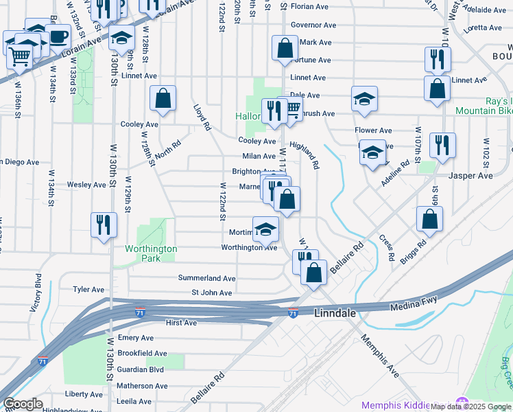 map of restaurants, bars, coffee shops, grocery stores, and more near 11911 Marne Avenue in Cleveland