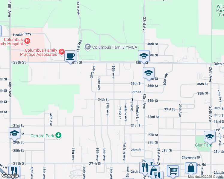 map of restaurants, bars, coffee shops, grocery stores, and more near 3400-3526 36th Street in Columbus