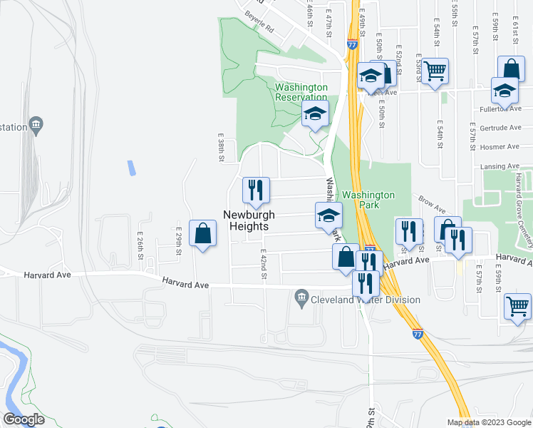 map of restaurants, bars, coffee shops, grocery stores, and more near 3963 East 42nd Street in Newburgh Heights