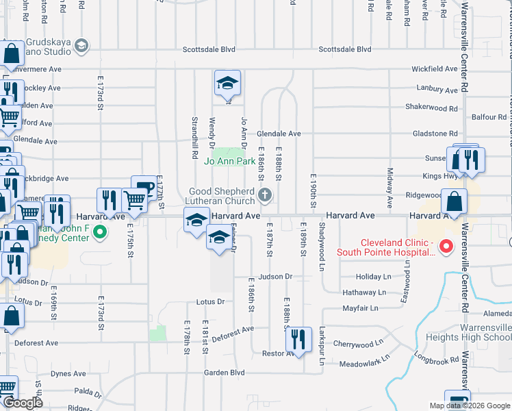 map of restaurants, bars, coffee shops, grocery stores, and more near 3988 East 186th Street in Cleveland