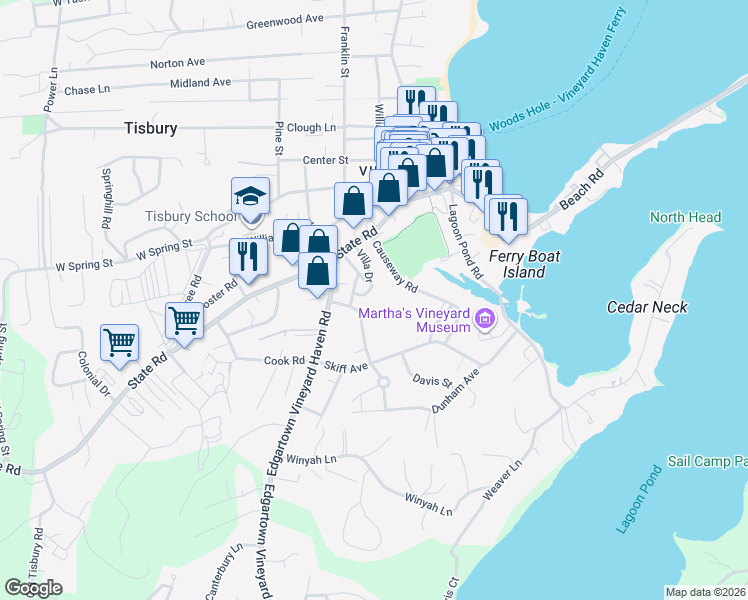 map of restaurants, bars, coffee shops, grocery stores, and more near 40 Delano Road in Tisbury