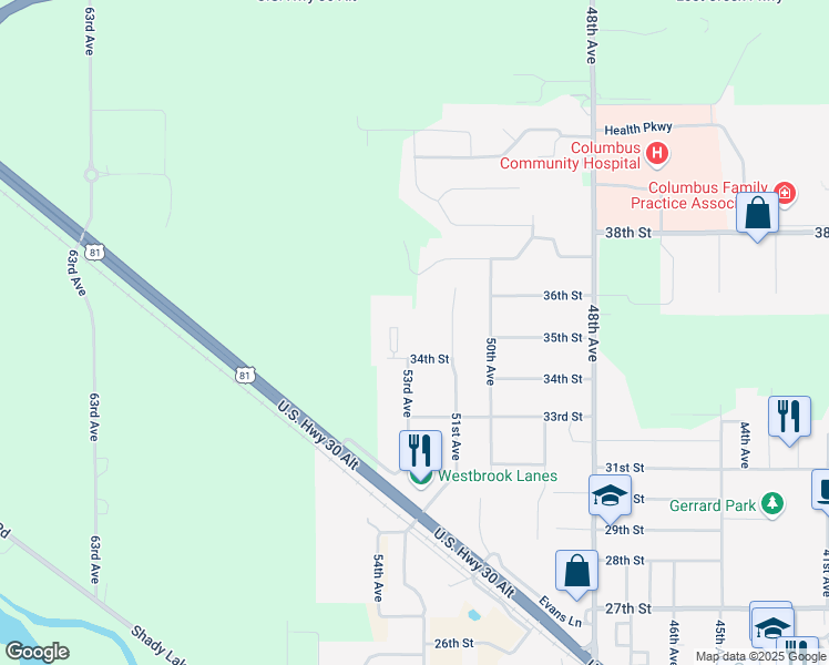 map of restaurants, bars, coffee shops, grocery stores, and more near 3474 53rd Avenue in Columbus