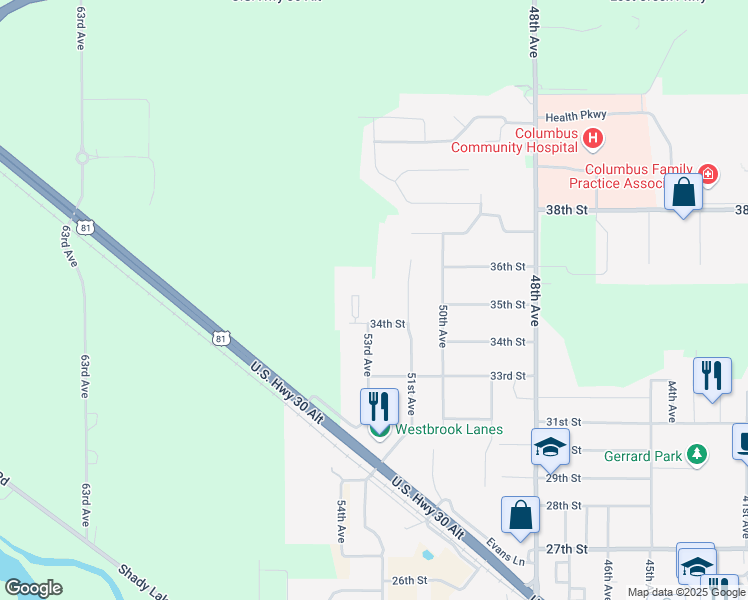 map of restaurants, bars, coffee shops, grocery stores, and more near 3474 53rd Avenue in Columbus