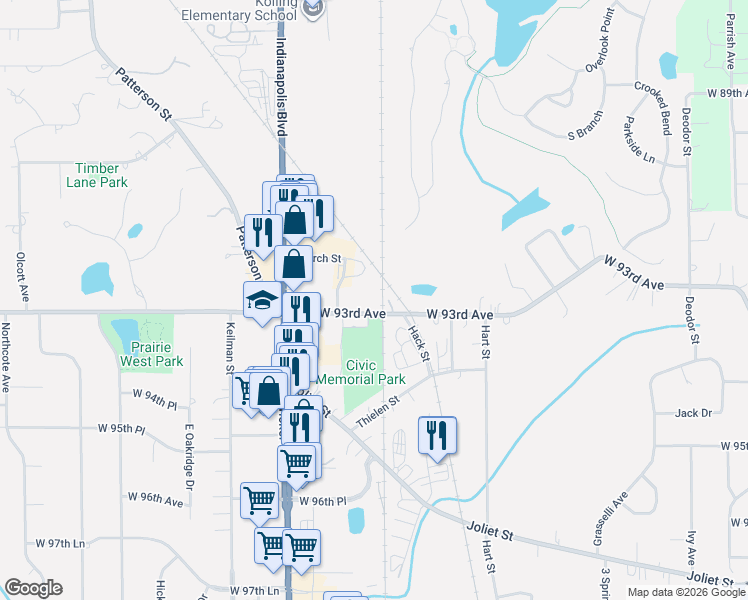 map of restaurants, bars, coffee shops, grocery stores, and more near 10880 West 93rd Avenue in St. John