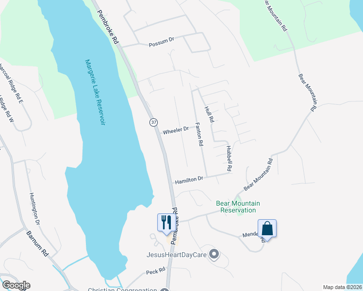 map of restaurants, bars, coffee shops, grocery stores, and more near 7 Wheeler Drive in Danbury