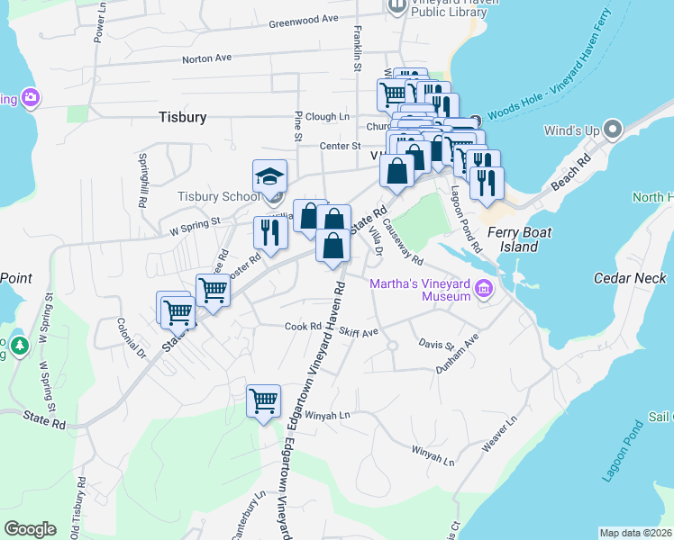 map of restaurants, bars, coffee shops, grocery stores, and more near 2 State Road in Tisbury