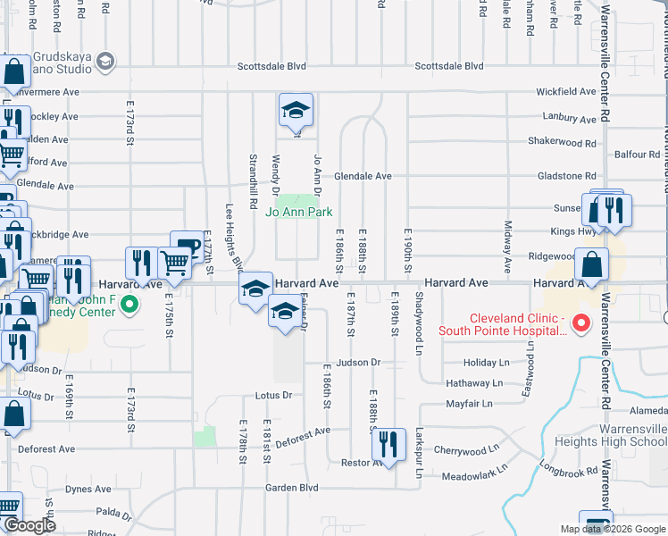 map of restaurants, bars, coffee shops, grocery stores, and more near 3988 East 186th Street in Cleveland