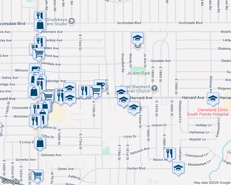 map of restaurants, bars, coffee shops, grocery stores, and more near 3978 Strandhill Road in Cleveland