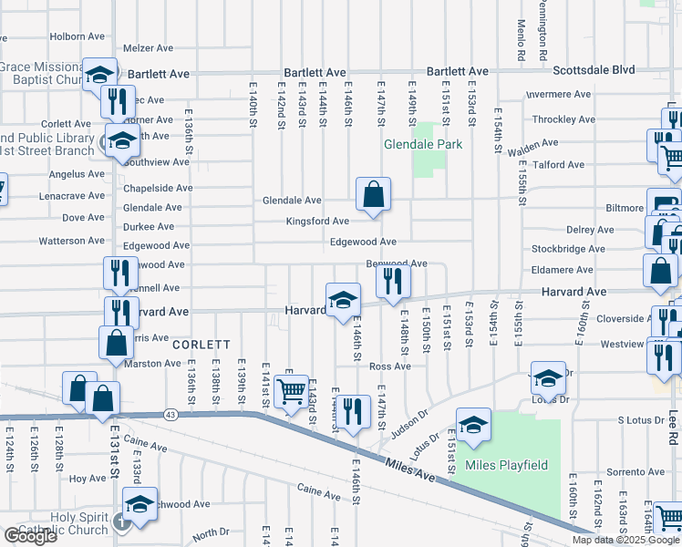 map of restaurants, bars, coffee shops, grocery stores, and more near 14405 Benwood Avenue in Cleveland