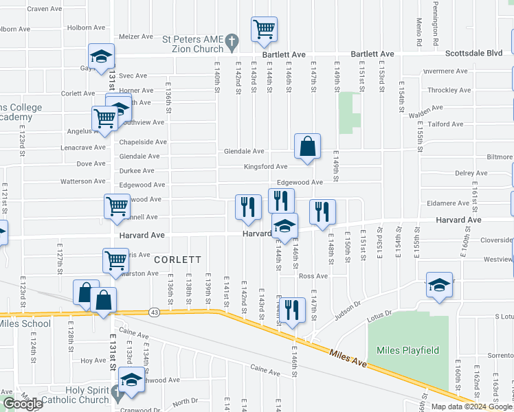 map of restaurants, bars, coffee shops, grocery stores, and more near 14221 Benwood Avenue in Cleveland