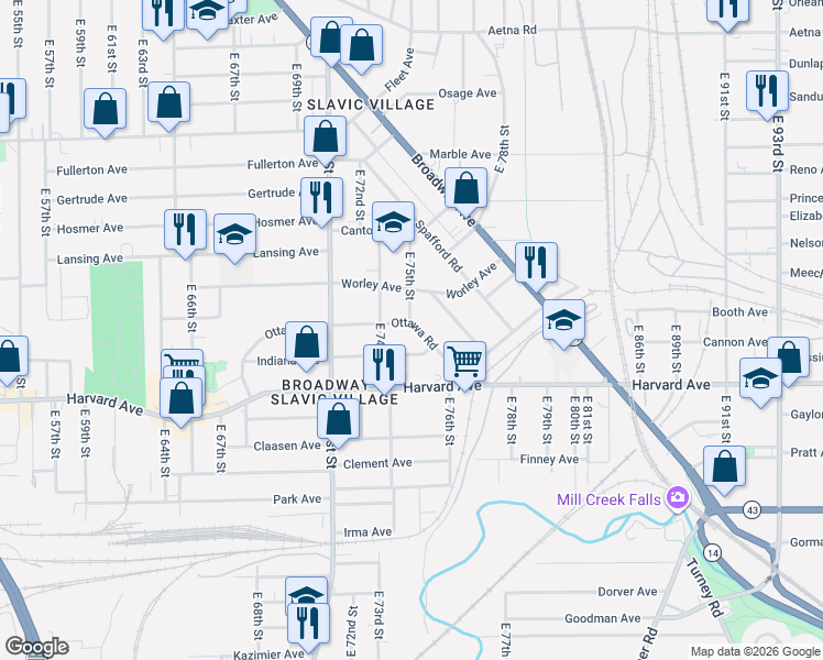 map of restaurants, bars, coffee shops, grocery stores, and more near 7427 Ottawa Road in Cleveland