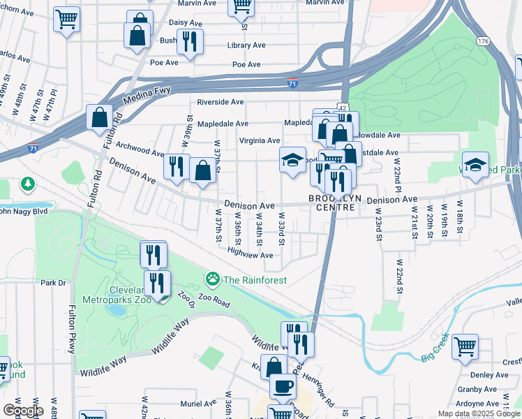 map of restaurants, bars, coffee shops, grocery stores, and more near 3821 West 34th Street in Cleveland