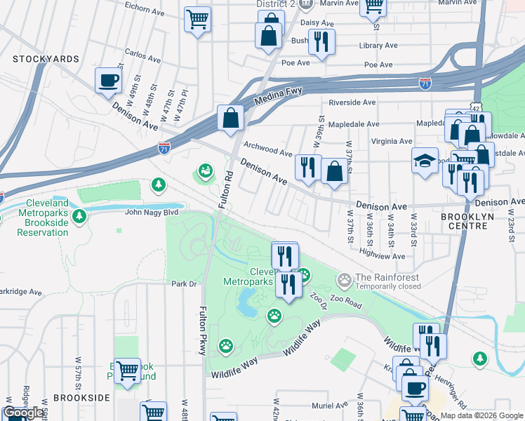 map of restaurants, bars, coffee shops, grocery stores, and more near 3854 West 42nd Street in Cleveland