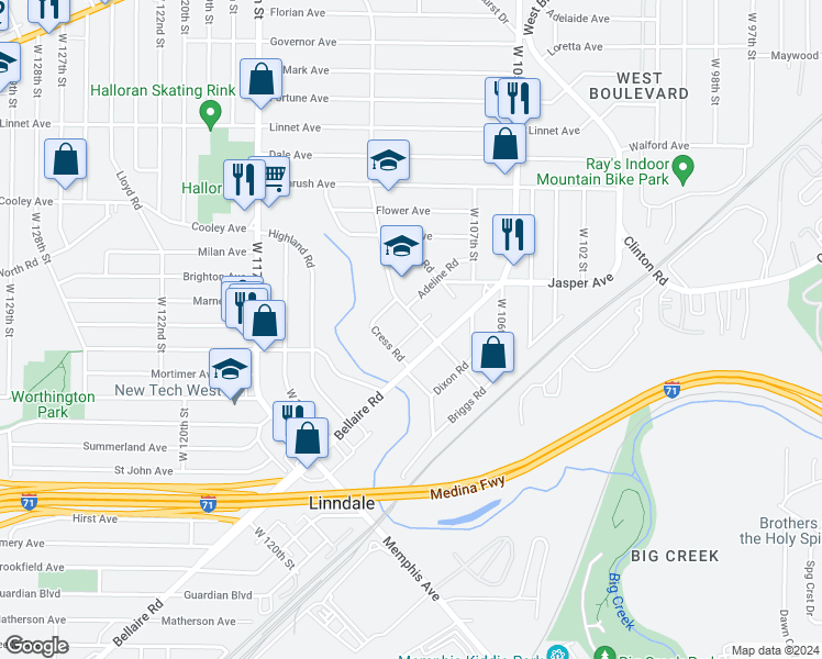 map of restaurants, bars, coffee shops, grocery stores, and more near 3732 Bosworth Road in Cleveland