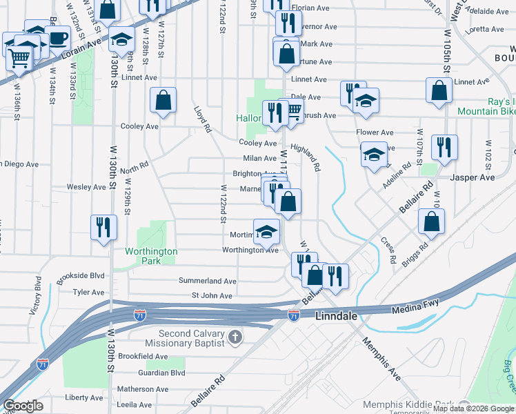 map of restaurants, bars, coffee shops, grocery stores, and more near 11911 Marne Avenue in Cleveland